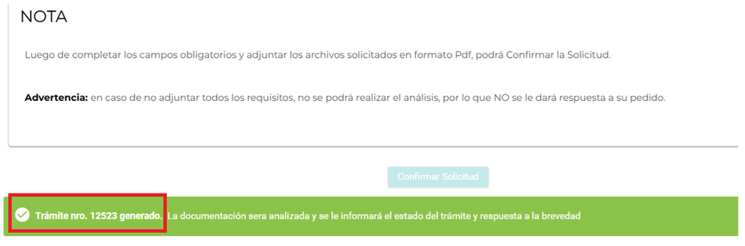Confirmada la solicitud, el sistema asignará un número de trámite WEB: